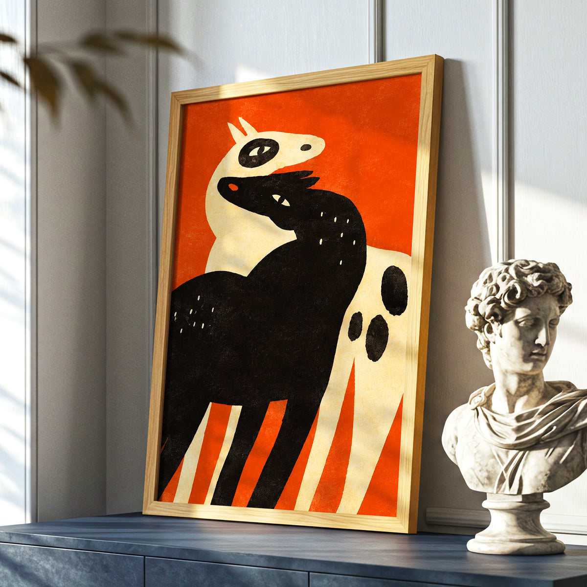 Horses in Ember, orange, black, beige nature wall art displayed in a styled interior, gallery view 9
