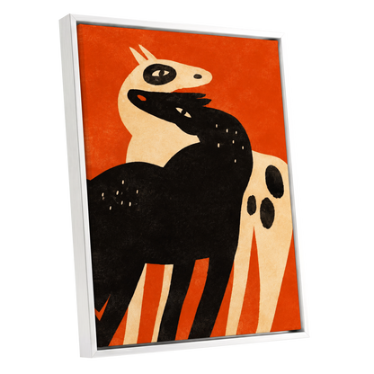 Horses in Ember, orange, black, beige nature wall art shown as a white framed canvas wall art
