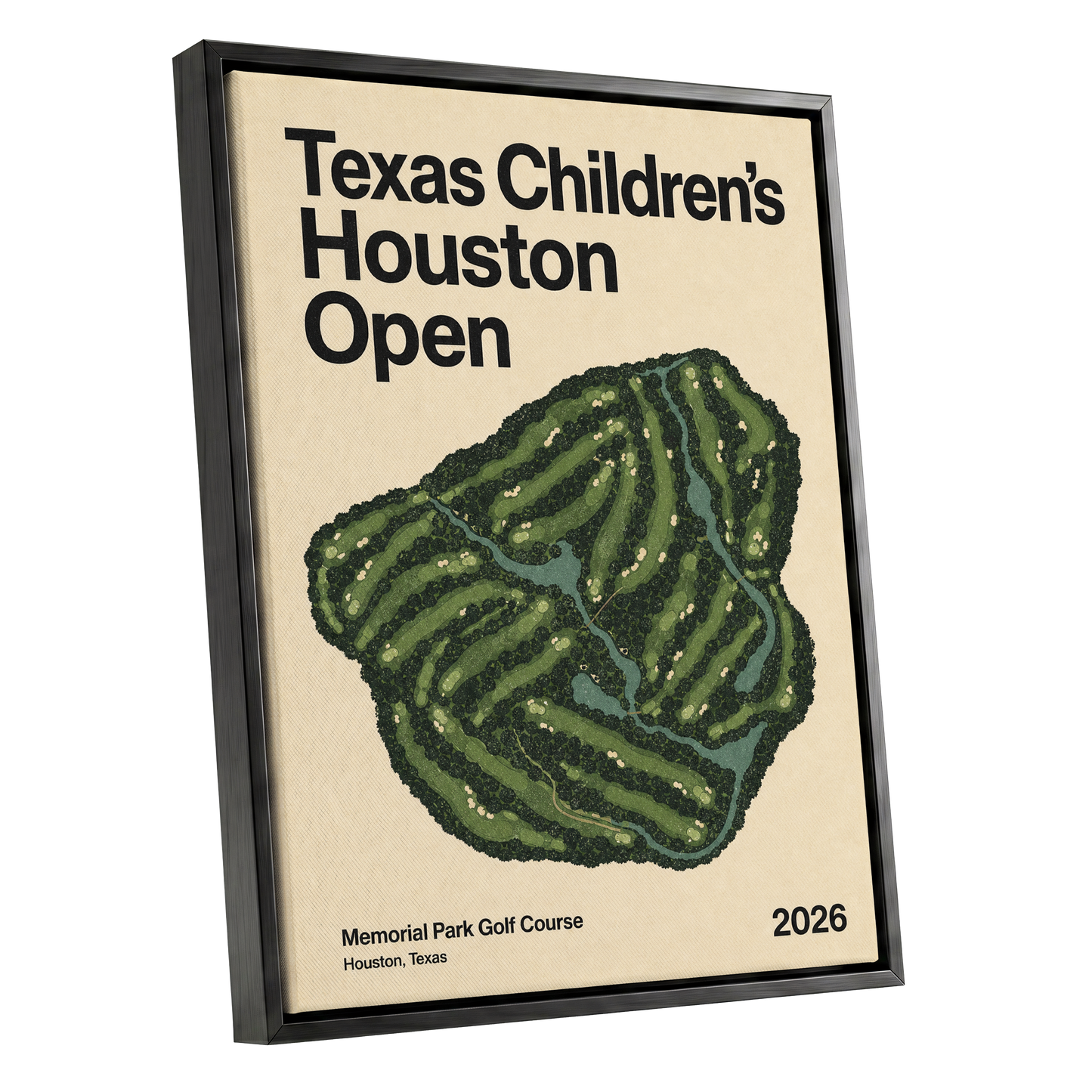 Houston Fairway Atlas, green, beige, black nature wall art shown as a black framed canvas wall art