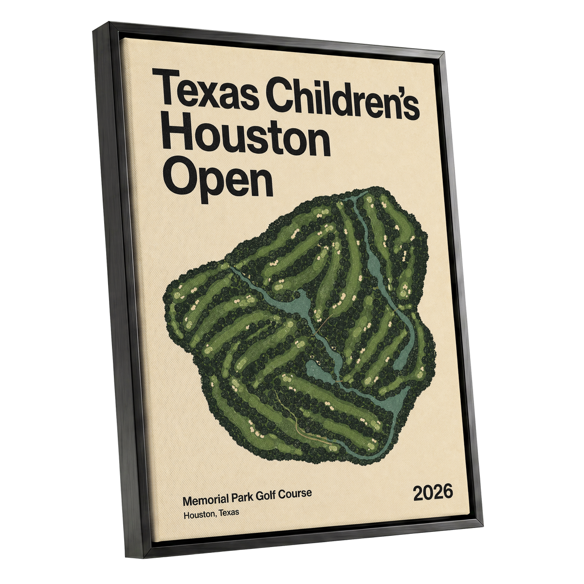 Houston Fairway Atlas, green, beige, black nature wall art shown as a black framed canvas wall art