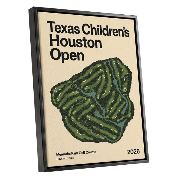 Houston Fairway Atlas, green, beige, black nature wall art shown as a black framed canvas wall art