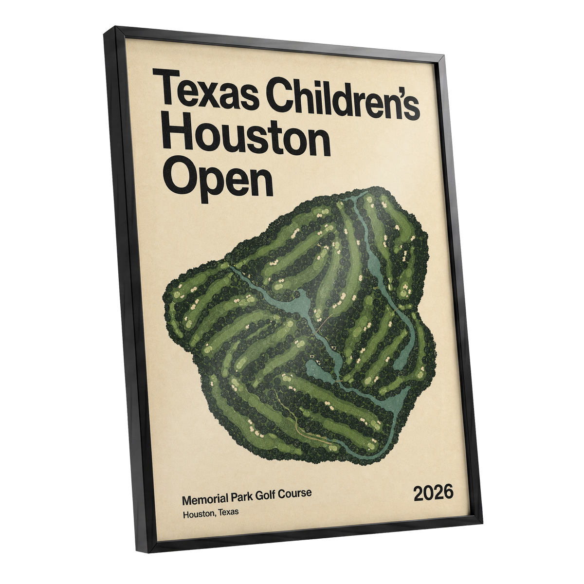 Houston Fairway Atlas, green, beige, black nature wall art shown as a black framed poster wall art print