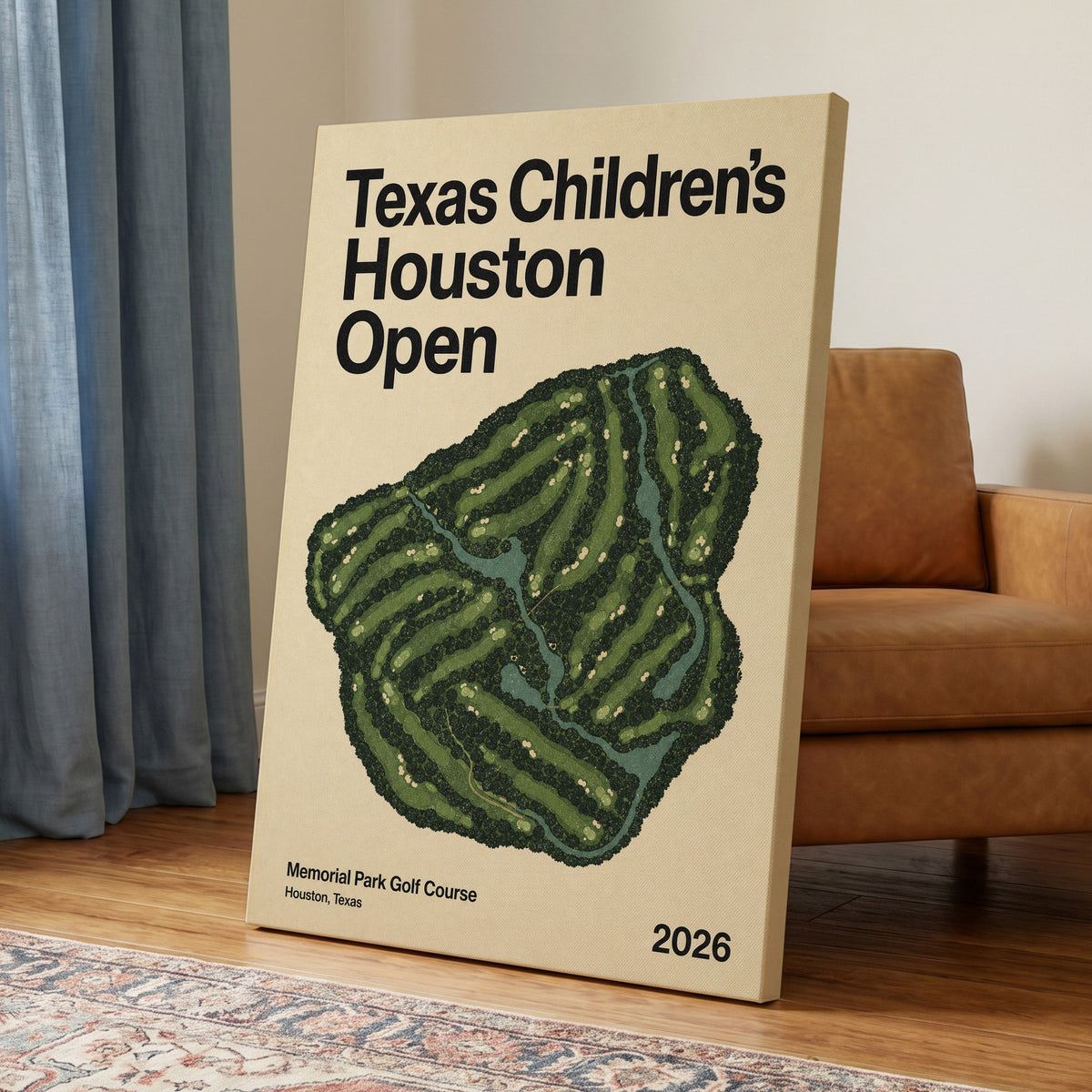Houston Fairway Atlas, green, beige, black nature wall art on canvas displayed in a styled interior, gallery view 2