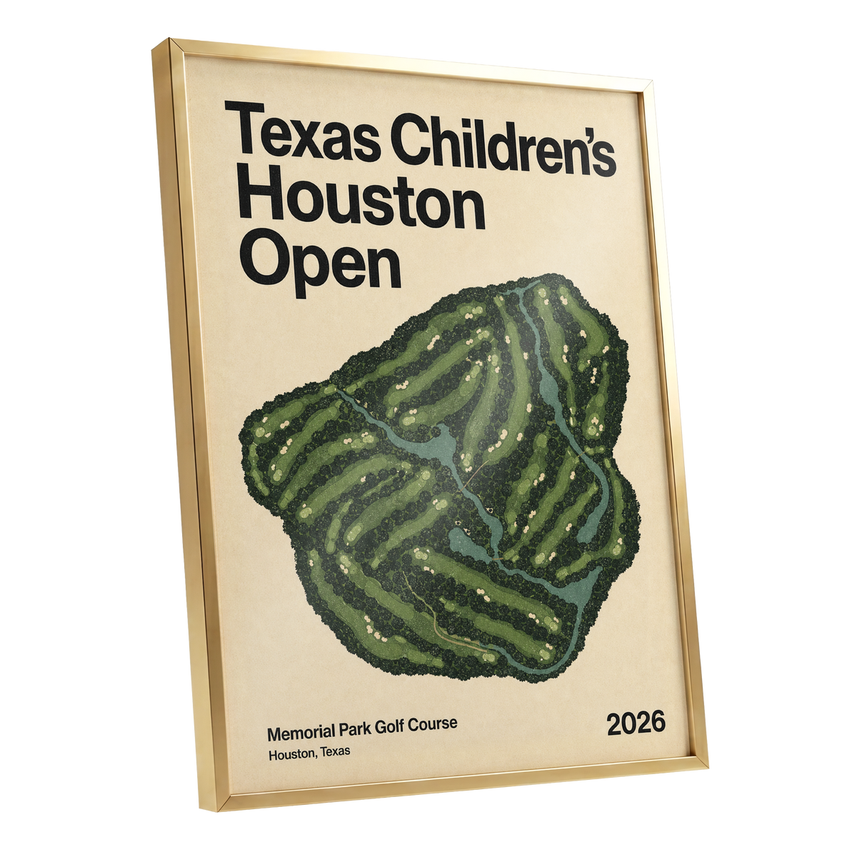 Houston Fairway Atlas, green, beige, black nature wall art shown as a gold framed poster wall art print
