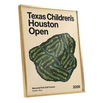 Houston Fairway Atlas, green, beige, black nature wall art shown as a gold framed poster wall art print