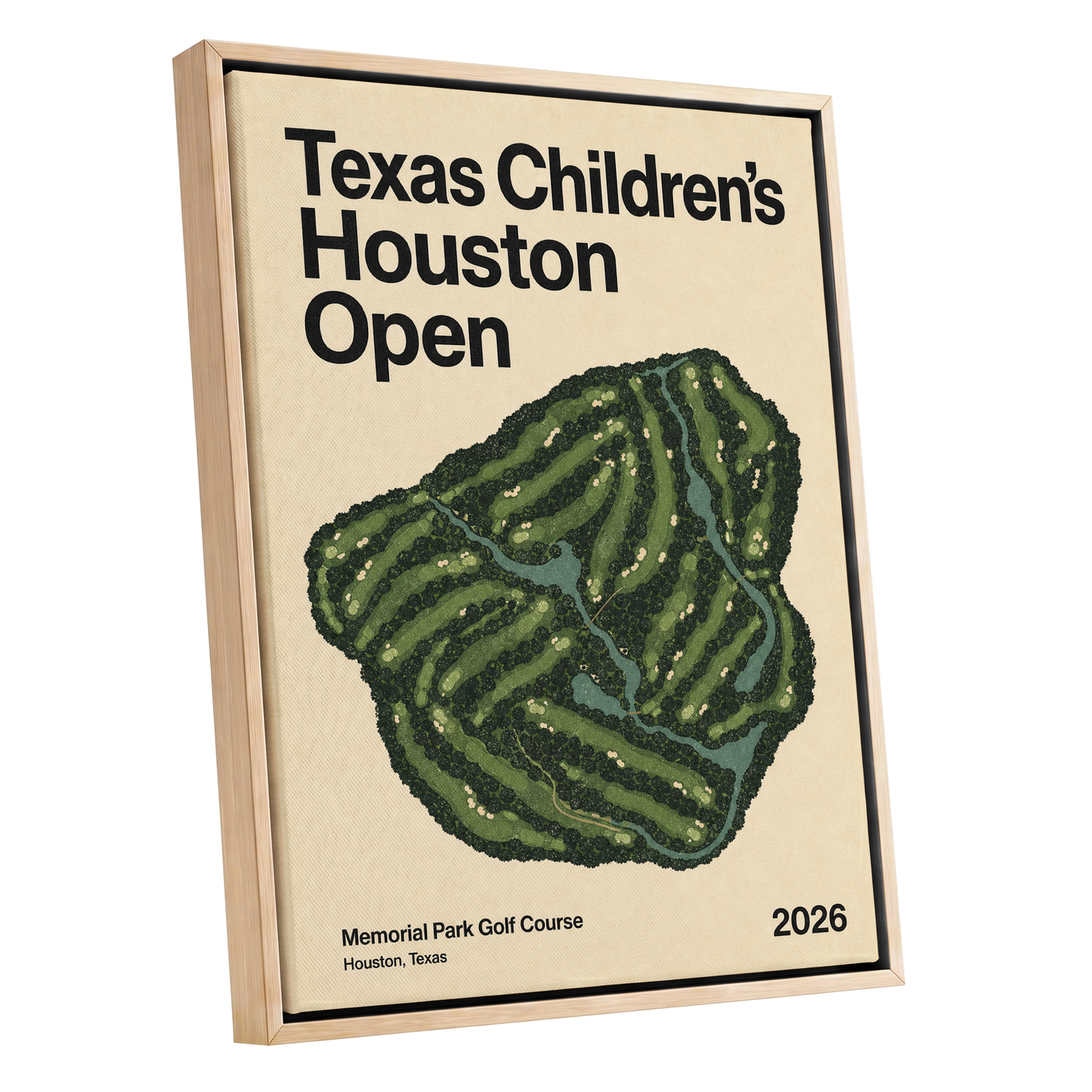 Houston Fairway Atlas, green, beige, black nature wall art shown as a oak framed canvas wall art