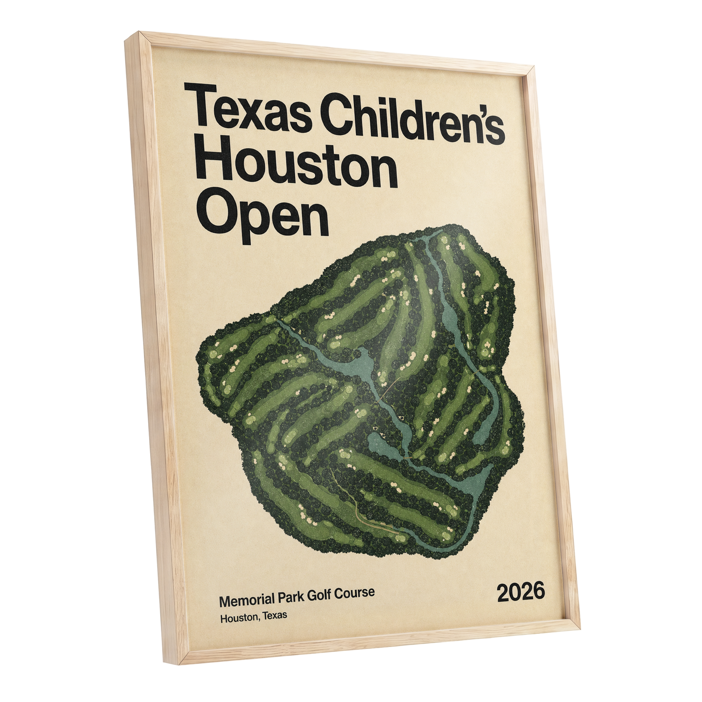 Houston Fairway Atlas, green, beige, black nature wall art shown as a oak framed poster wall art print