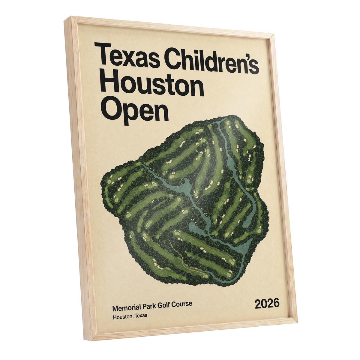 Houston Fairway Atlas, green, beige, black nature wall art shown as a oak framed poster wall art print