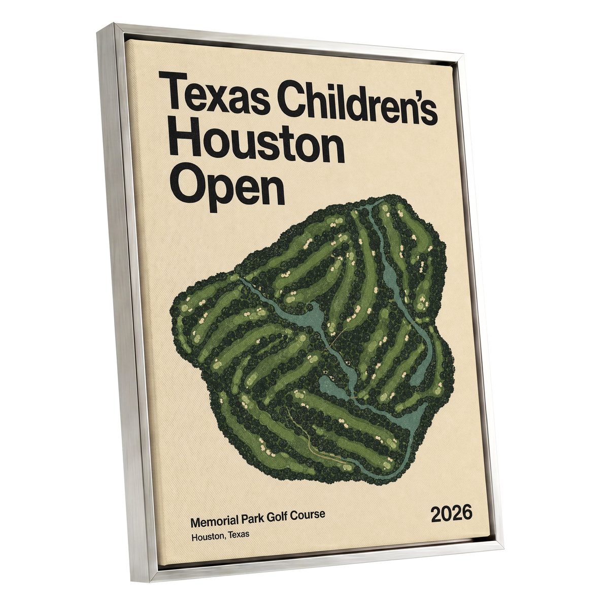 Houston Fairway Atlas, green, beige, black nature wall art shown as a silver framed canvas wall art
