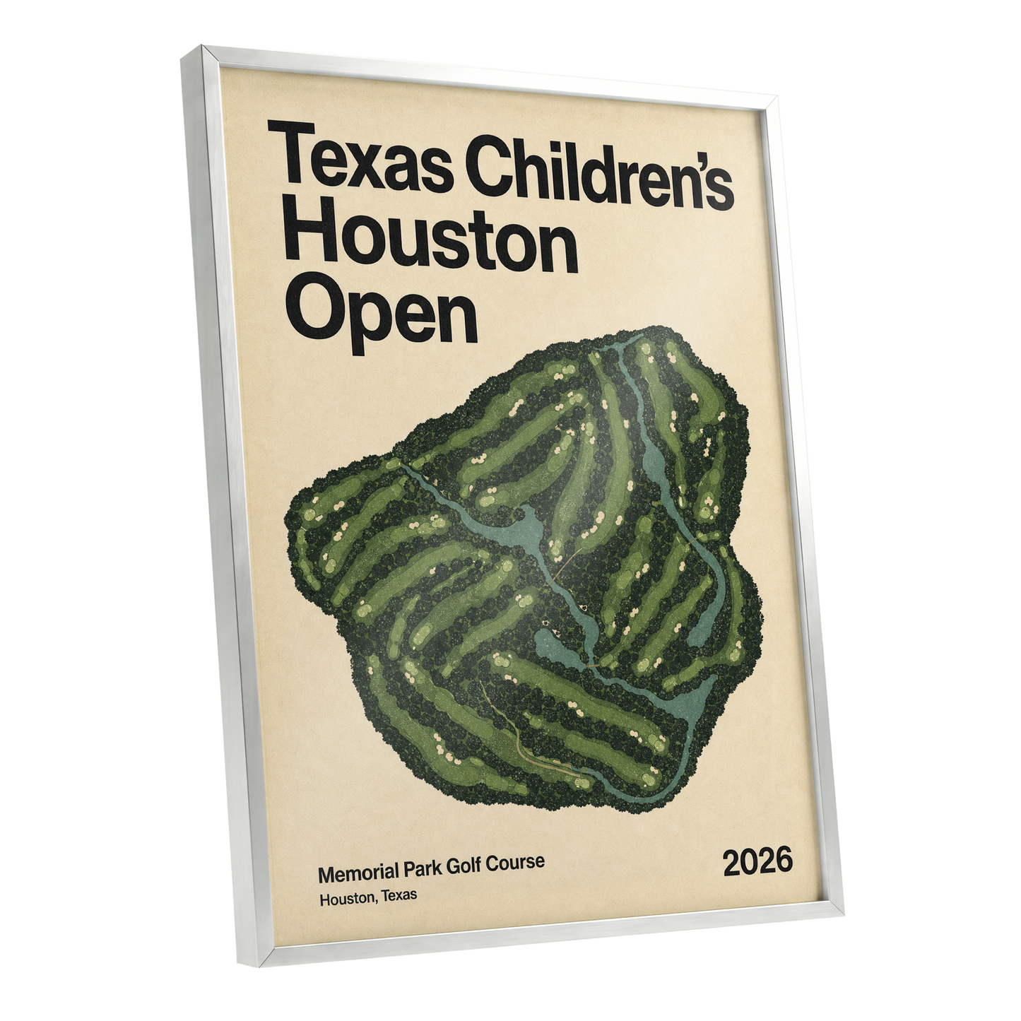 Houston Fairway Atlas, green, beige, black nature wall art shown as a silver framed poster wall art print
