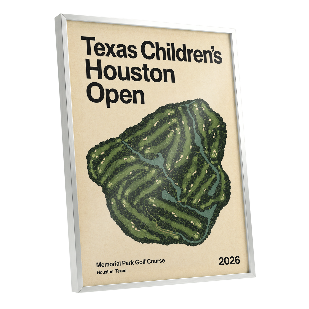 Houston Fairway Atlas, green, beige, black nature wall art shown as a silver framed poster wall art print