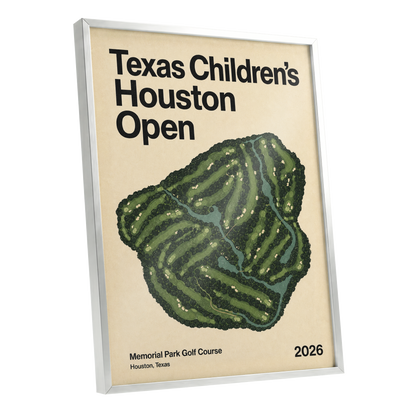 Houston Fairway Atlas, green, beige, black nature wall art shown as a silver framed poster wall art print