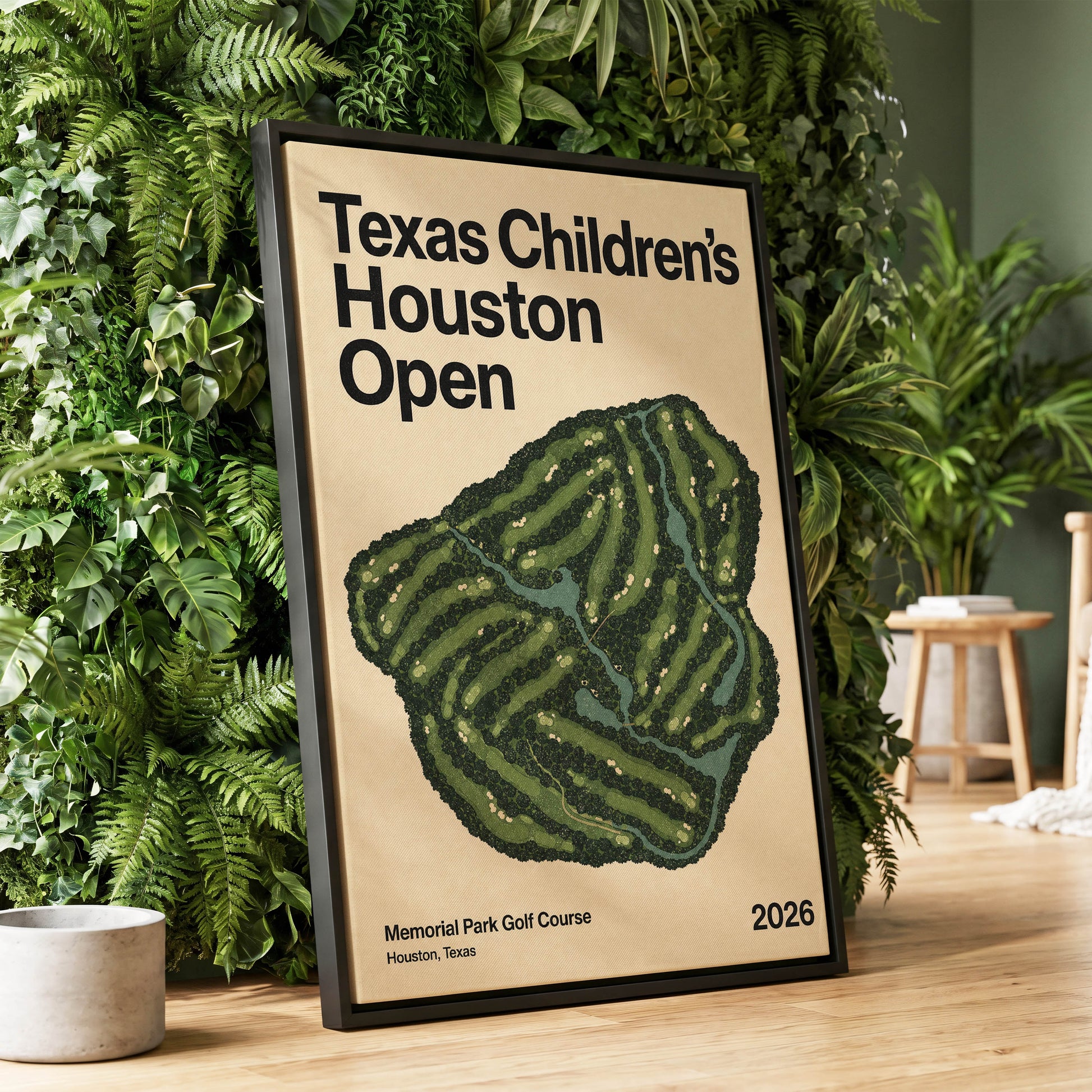 Houston Fairway Atlas, green, beige, black nature wall art displayed in a styled interior, gallery view 1