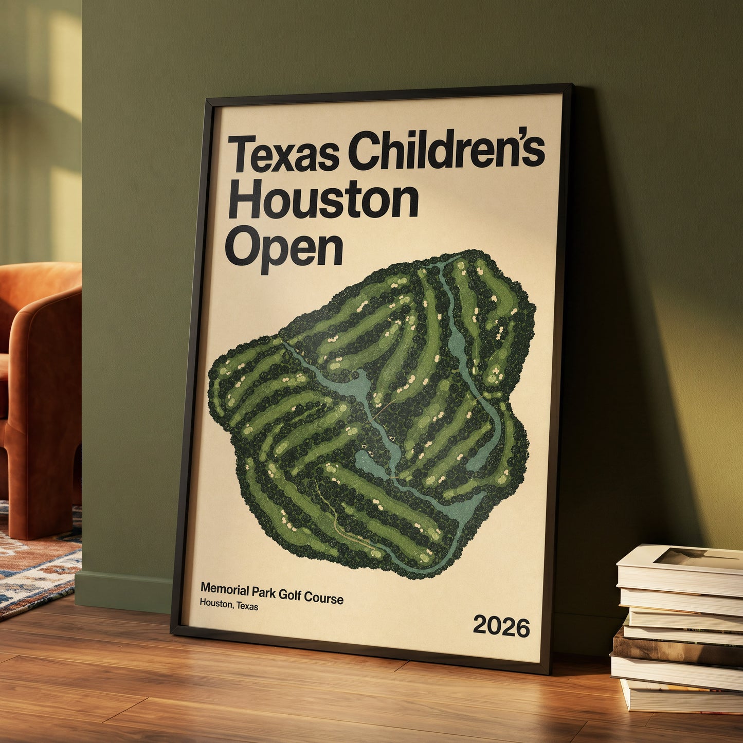Houston Fairway Atlas, green, beige, black nature wall art displayed in a styled interior, gallery view 4