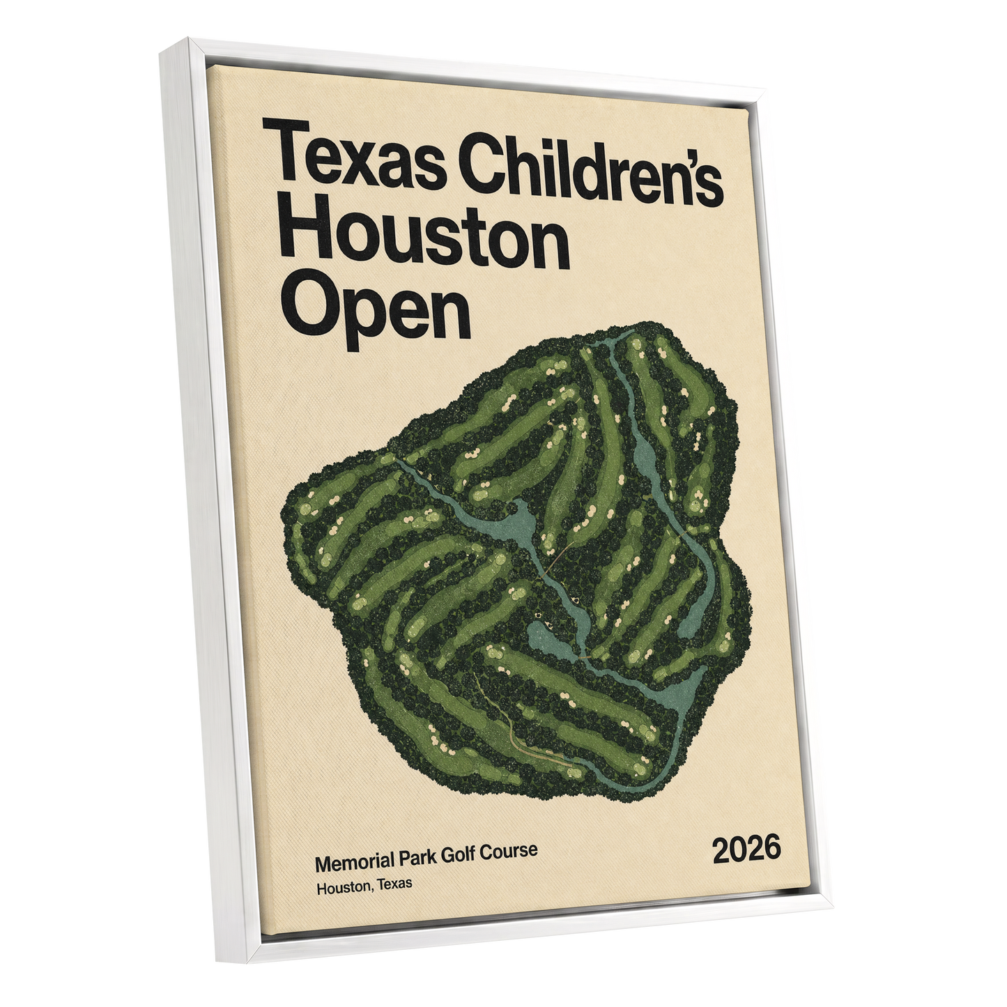 Houston Fairway Atlas, green, beige, black nature wall art shown as a white framed canvas wall art