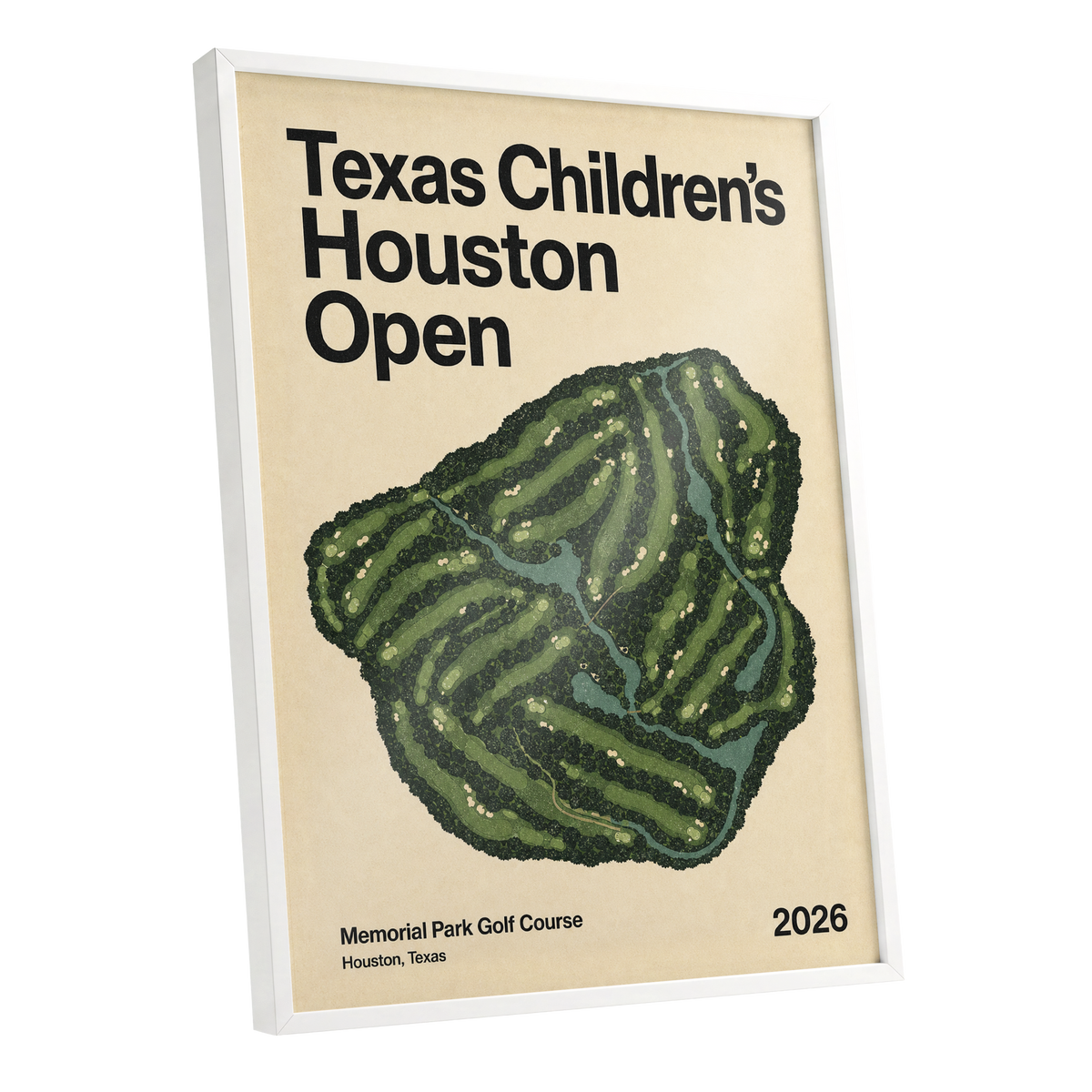 Houston Fairway Atlas, green, beige, black nature wall art shown as a white framed poster wall art print