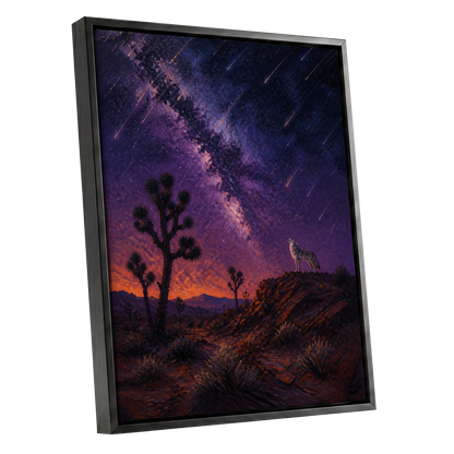 Howl Beneath Falling Stars, purple, blue, orange nature wall art shown as a black framed canvas wall art