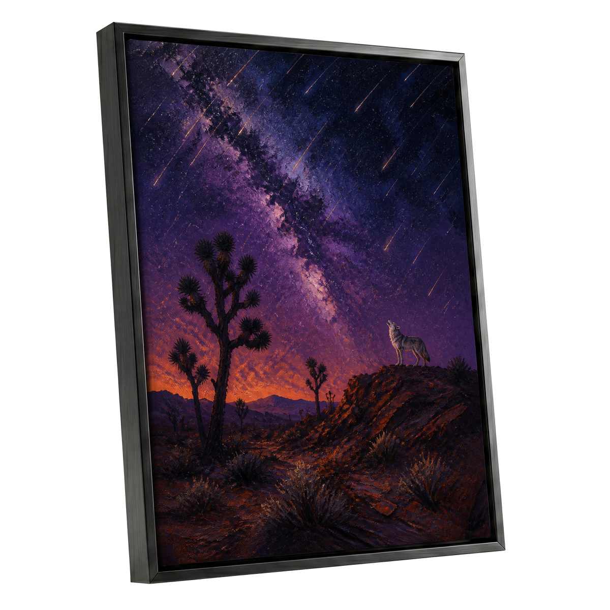 Howl Beneath Falling Stars, purple, blue, orange nature wall art shown as a black framed canvas wall art