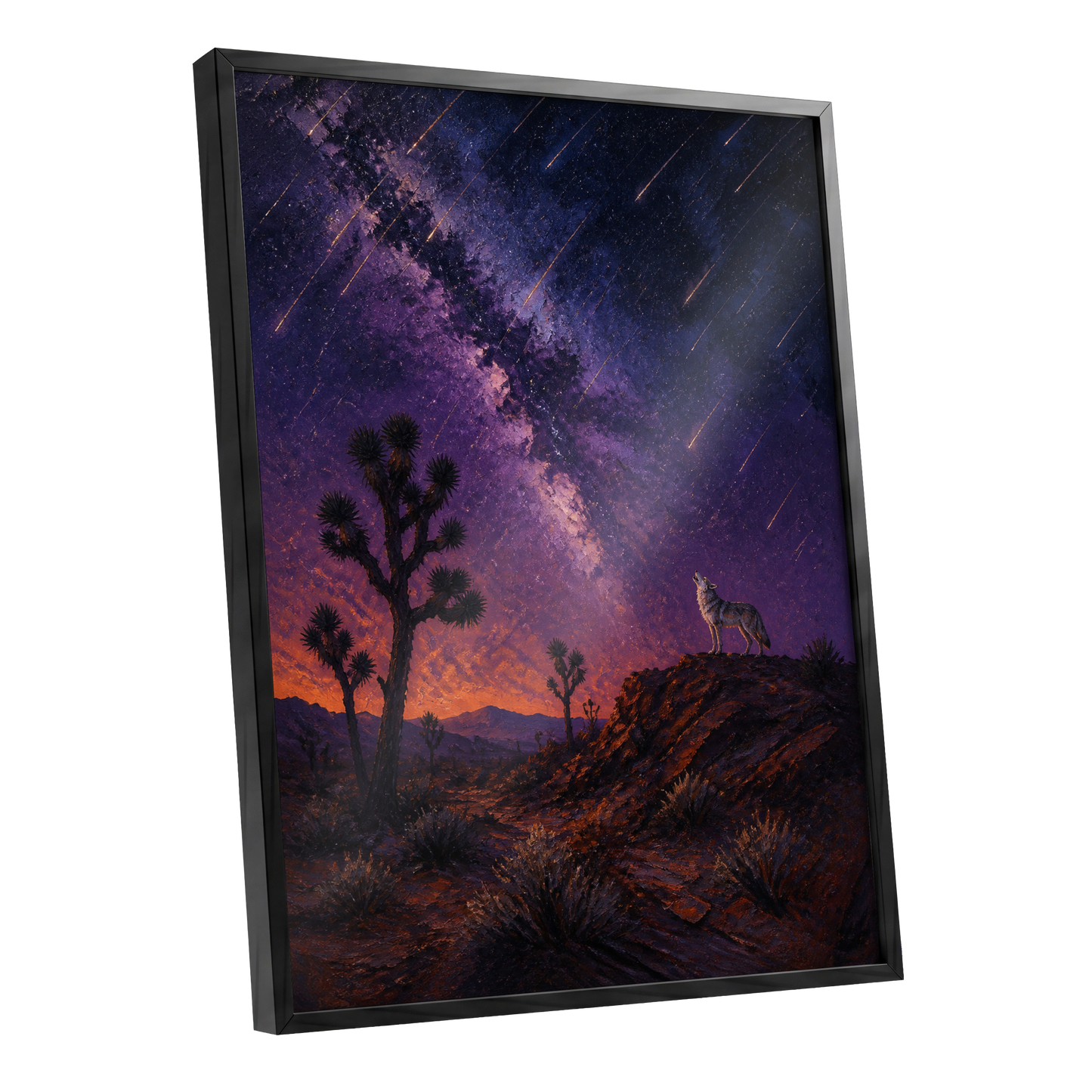Howl Beneath Falling Stars, purple, blue, orange nature wall art shown as a black framed poster wall art print