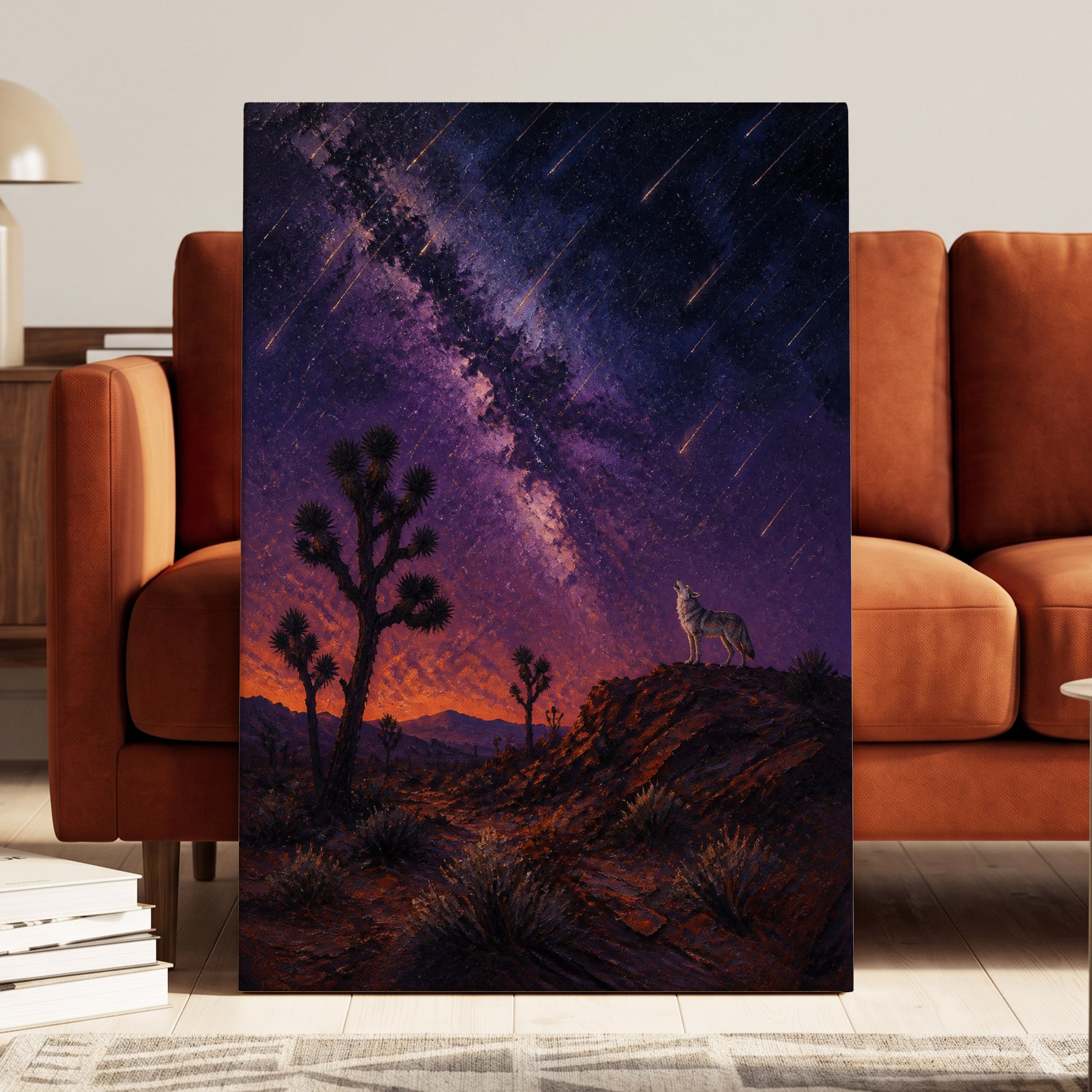 Howl Beneath Falling Stars, purple, blue, orange nature wall art on canvas displayed in a styled interior, gallery view 1