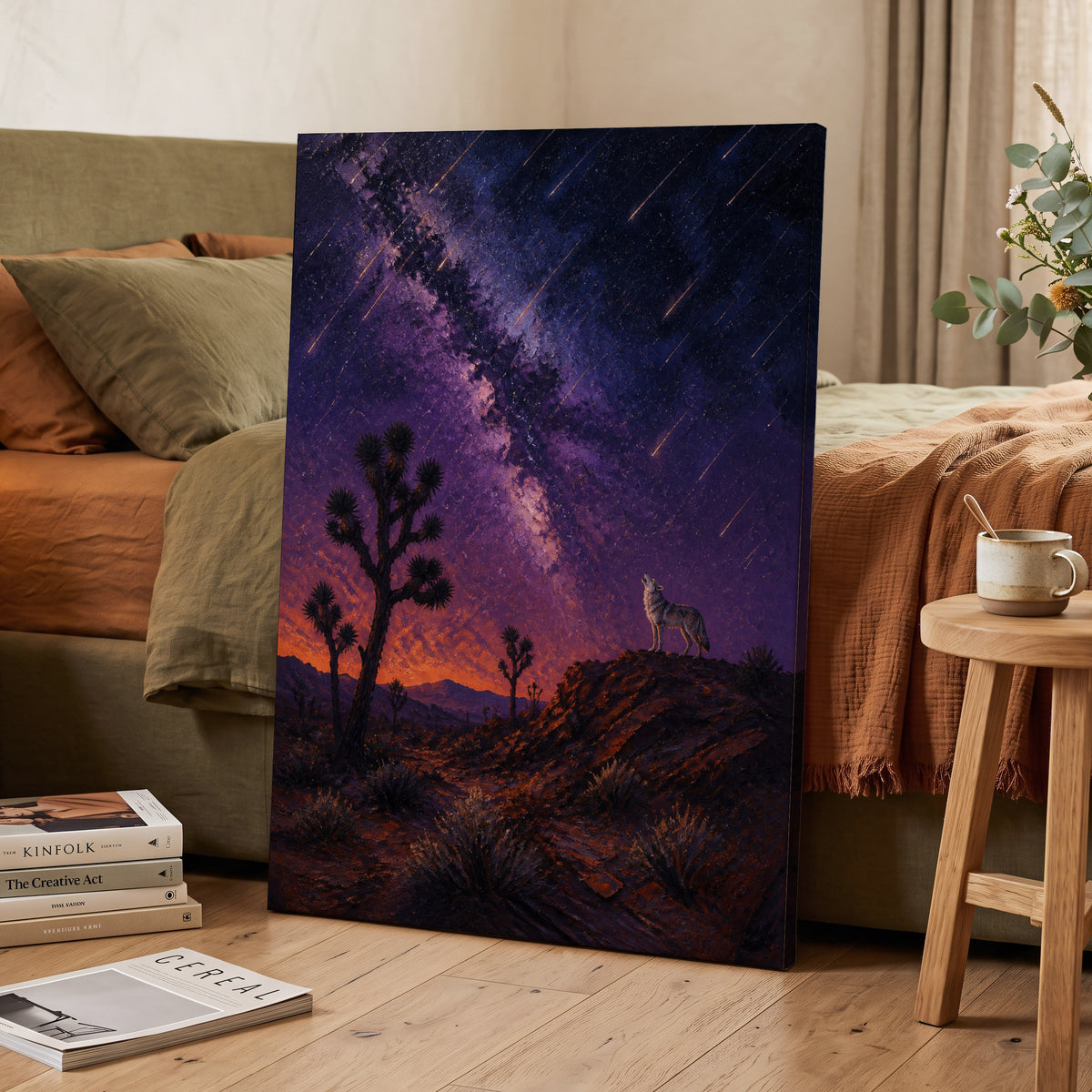 Howl Beneath Falling Stars, purple, blue, orange nature wall art on canvas displayed in a styled interior, gallery view 2