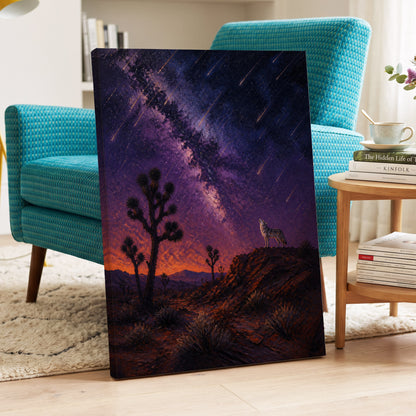 Howl Beneath Falling Stars, purple, blue, orange nature wall art on canvas displayed in a styled interior, gallery view 2
