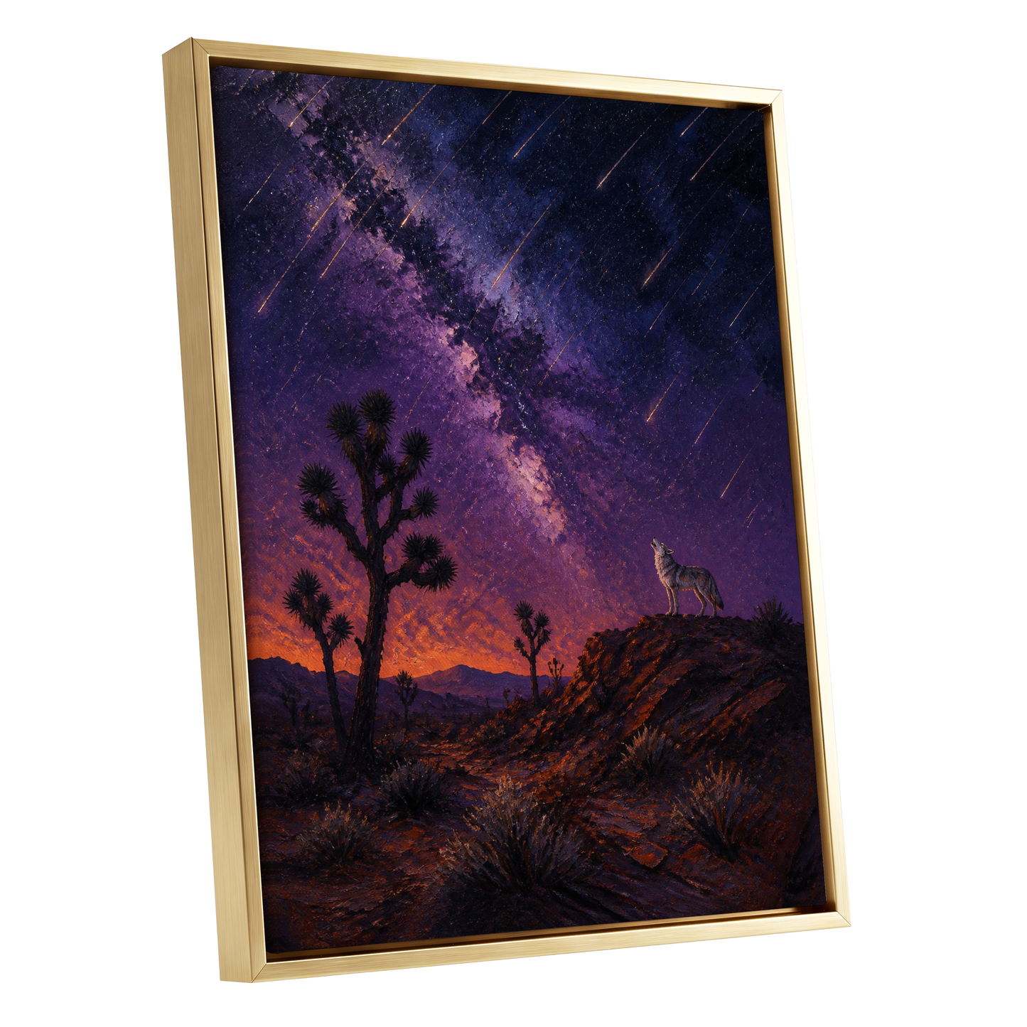 Howl Beneath Falling Stars, purple, blue, orange nature wall art shown as a gold framed canvas wall art