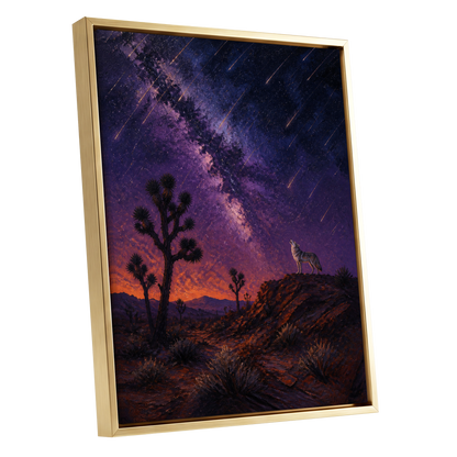 Howl Beneath Falling Stars, purple, blue, orange nature wall art shown as a gold framed canvas wall art
