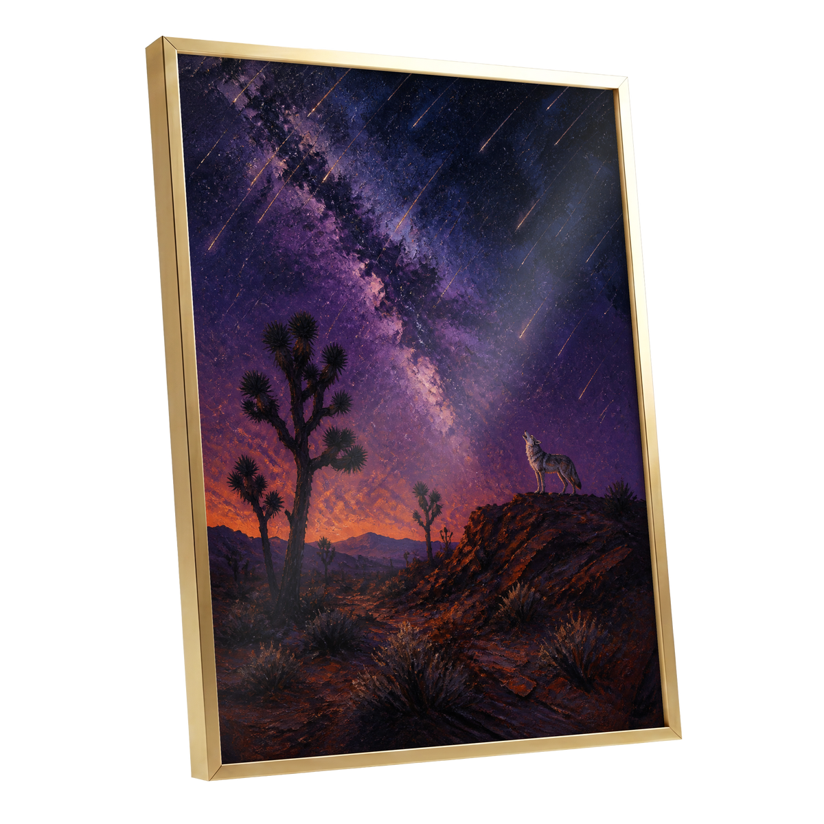 Howl Beneath Falling Stars, purple, blue, orange nature wall art shown as a gold framed poster wall art print