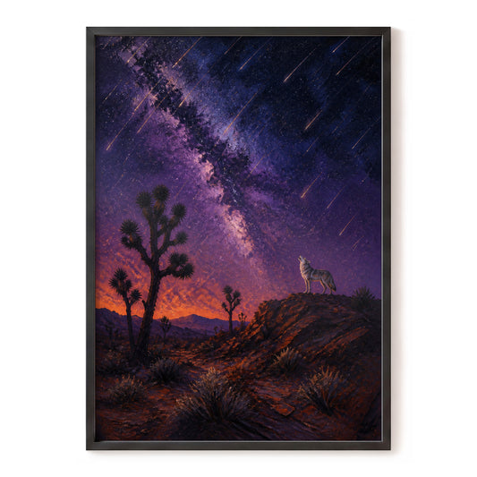 Howl Beneath Falling Stars, purple, blue, orange nature wall art, front artwork view