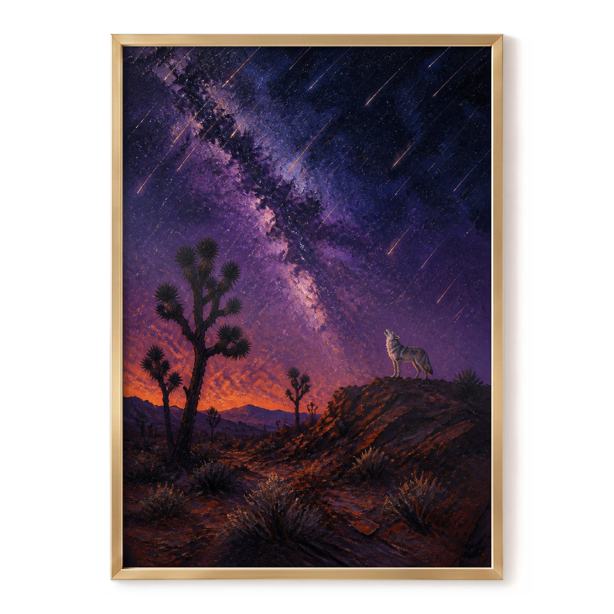 Howl Beneath Falling Stars, purple, blue, orange nature wall art, front artwork view