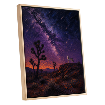 Howl Beneath Falling Stars, purple, blue, orange nature wall art shown as a oak framed canvas wall art