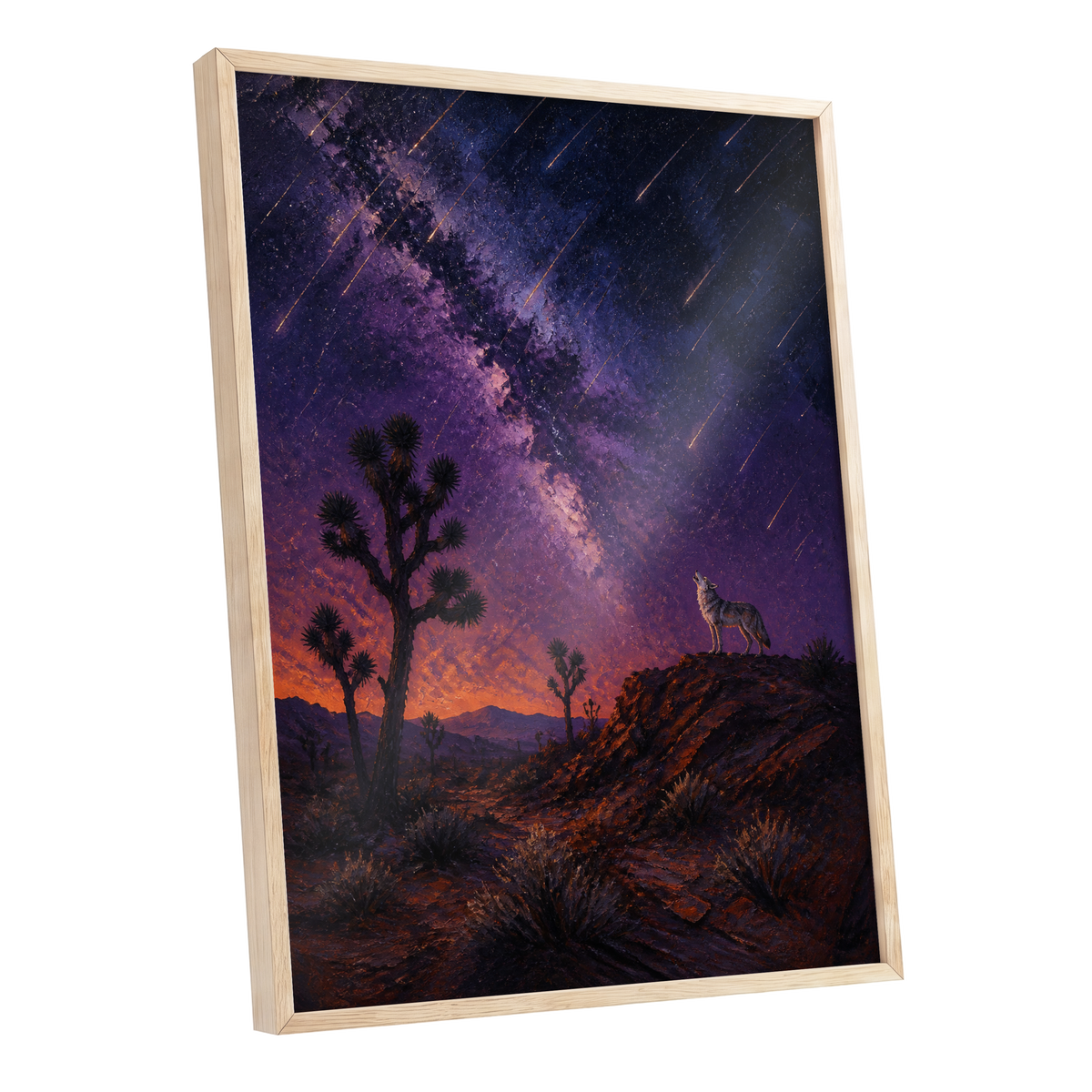 Howl Beneath Falling Stars, purple, blue, orange nature wall art shown as a oak framed poster wall art print