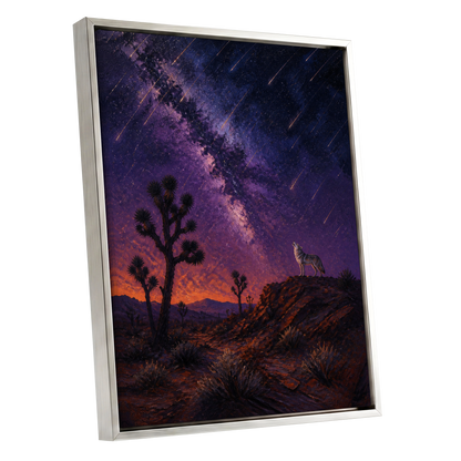 Howl Beneath Falling Stars, purple, blue, orange nature wall art shown as a silver framed canvas wall art