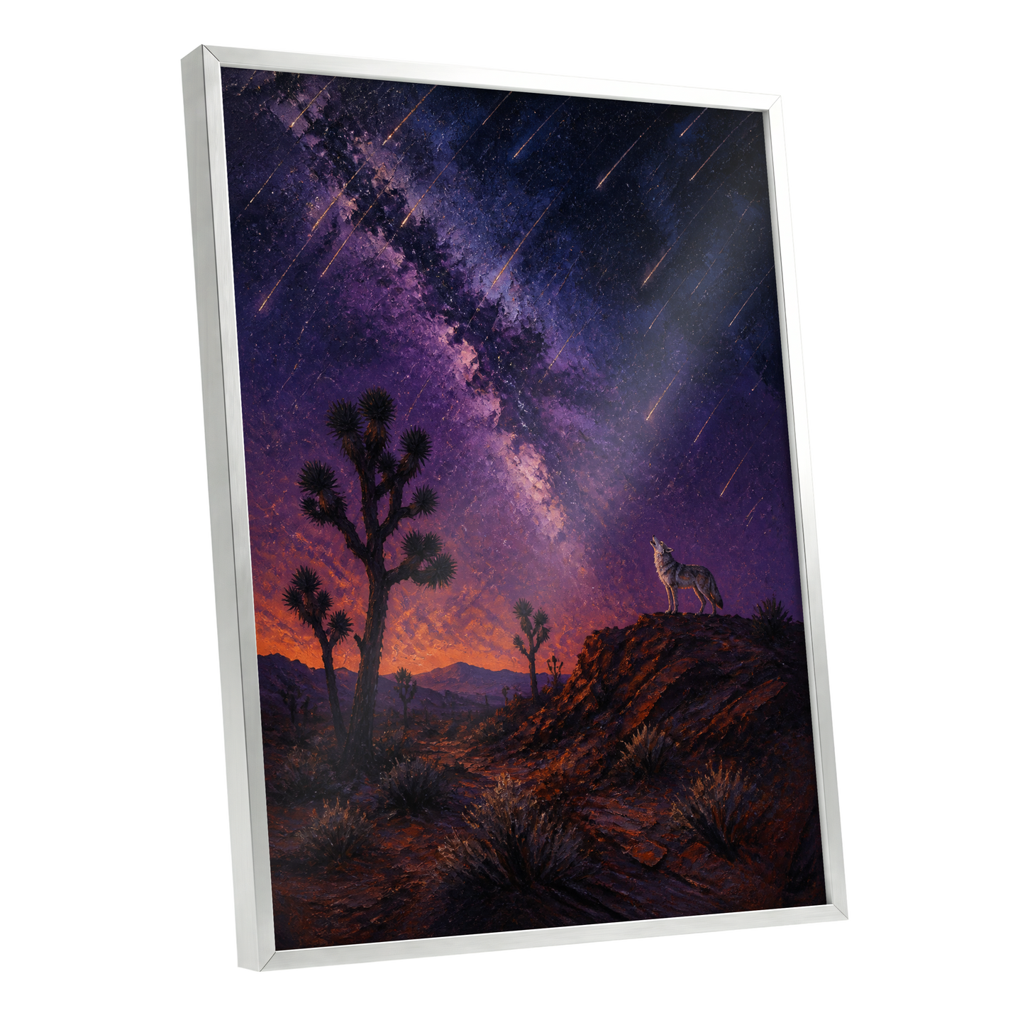 Howl Beneath Falling Stars, purple, blue, orange nature wall art shown as a silver framed poster wall art print