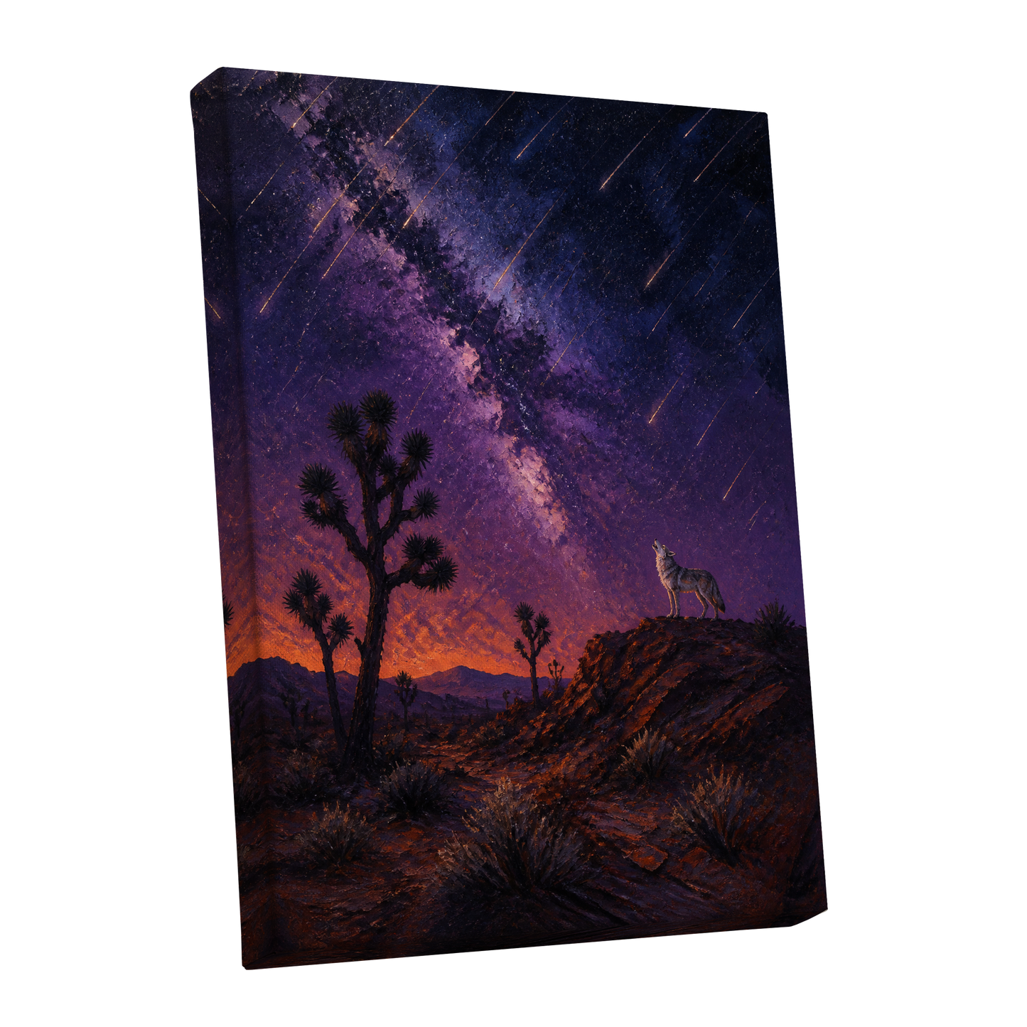Howl Beneath Falling Stars, purple, blue, orange nature wall art shown as a stretched canvas wall art