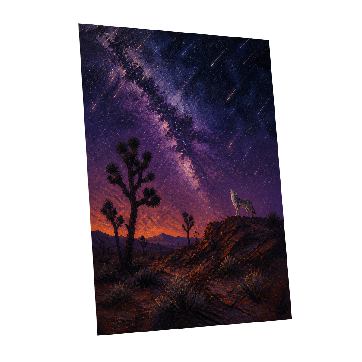 Howl Beneath Falling Stars, purple, blue, orange nature wall art shown as a unframed poster wall art print
