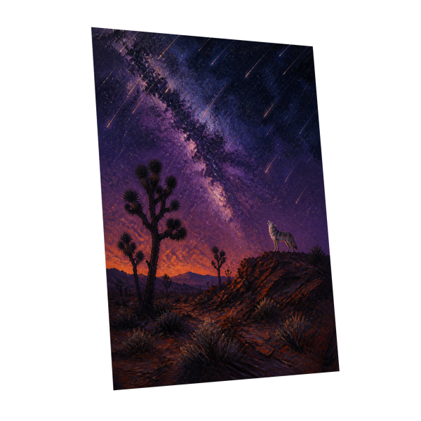 Howl Beneath Falling Stars, purple, blue, orange nature wall art shown as a unframed poster wall art print