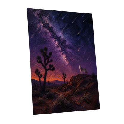 Howl Beneath Falling Stars, purple, blue, orange nature wall art shown as a unframed poster wall art print