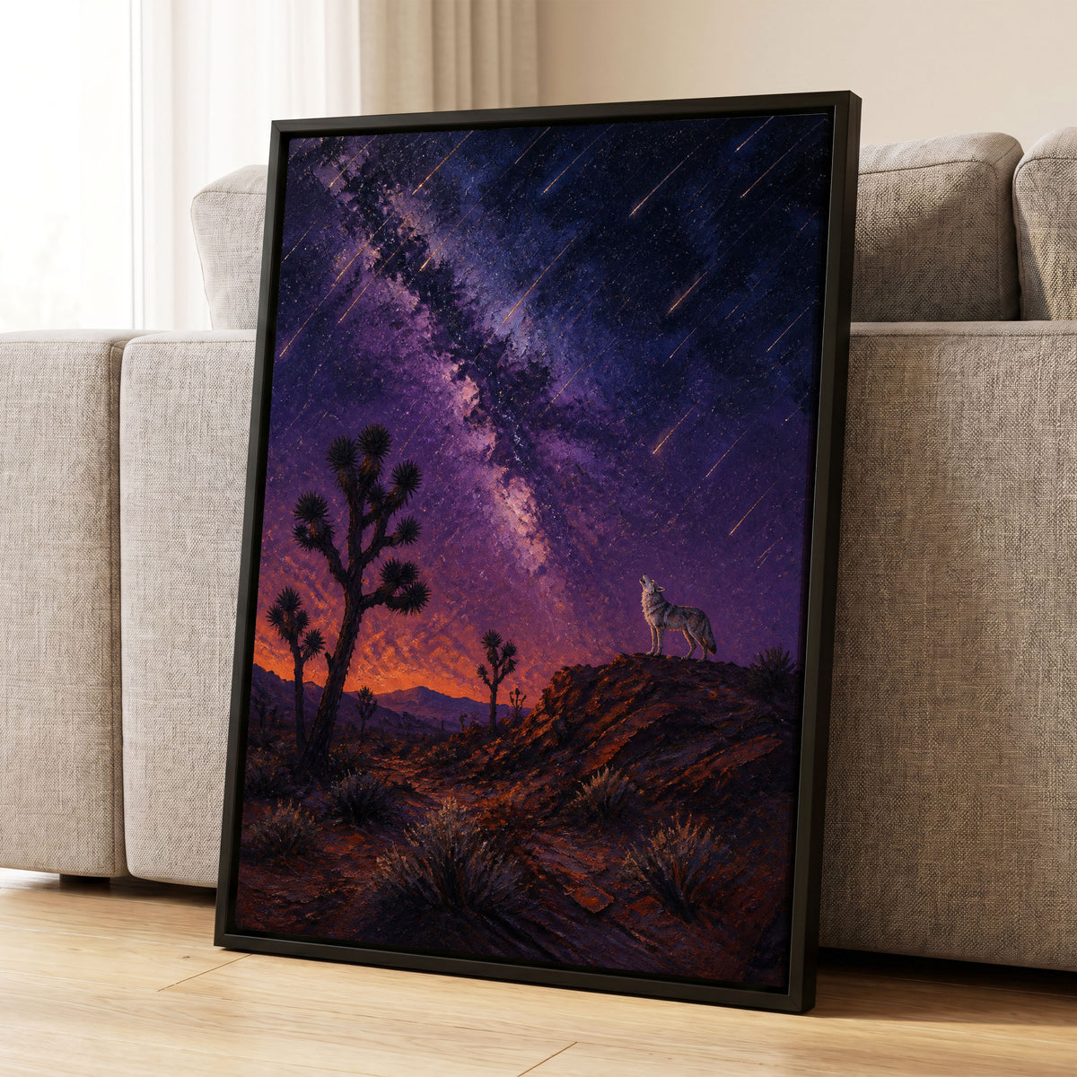 Howl Beneath Falling Stars, purple, blue, orange nature wall art displayed in a styled interior, gallery view 1