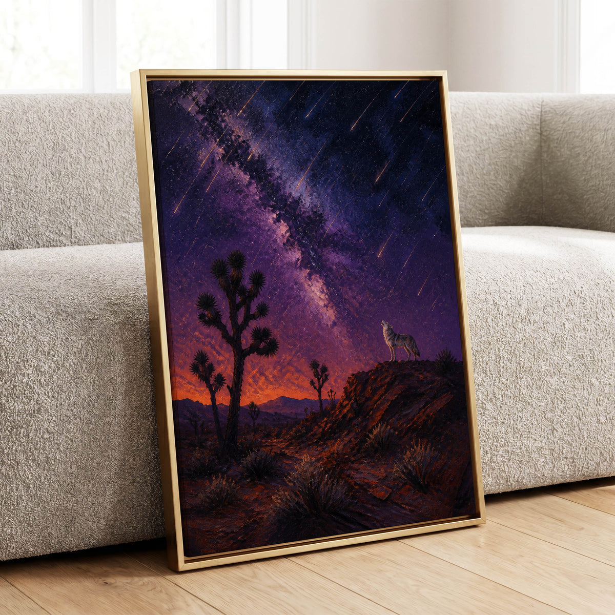 Howl Beneath Falling Stars, purple, blue, orange nature wall art displayed in a styled interior, gallery view 1