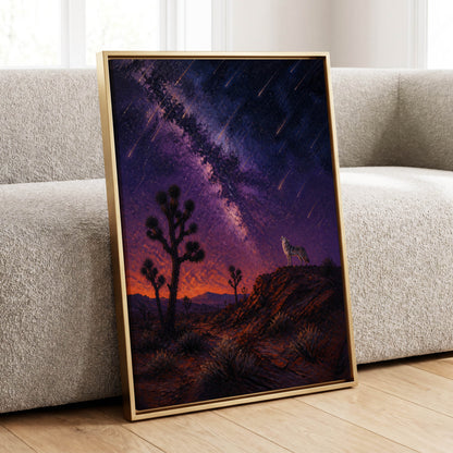 Howl Beneath Falling Stars, purple, blue, orange nature wall art displayed in a styled interior, gallery view 1