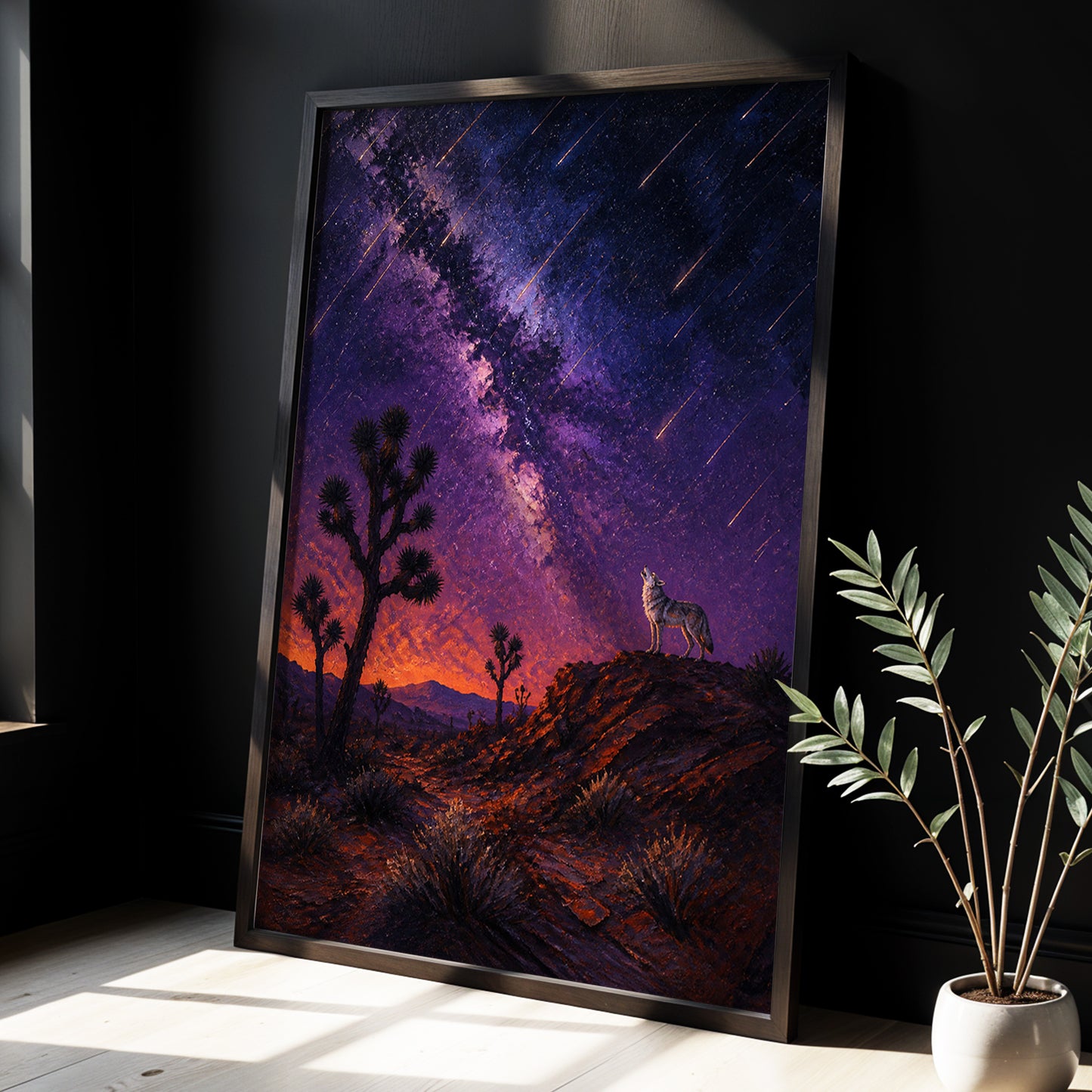 Howl Beneath Falling Stars, purple, blue, orange nature wall art displayed in a styled interior, gallery view 2