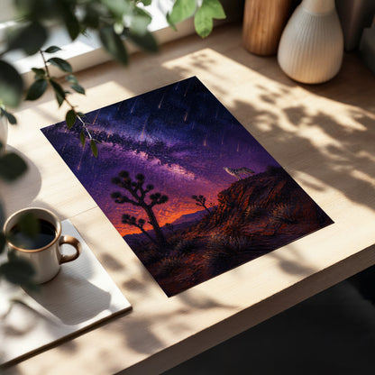 Howl Beneath Falling Stars, purple, blue, orange nature wall art displayed in a styled interior, gallery view 2