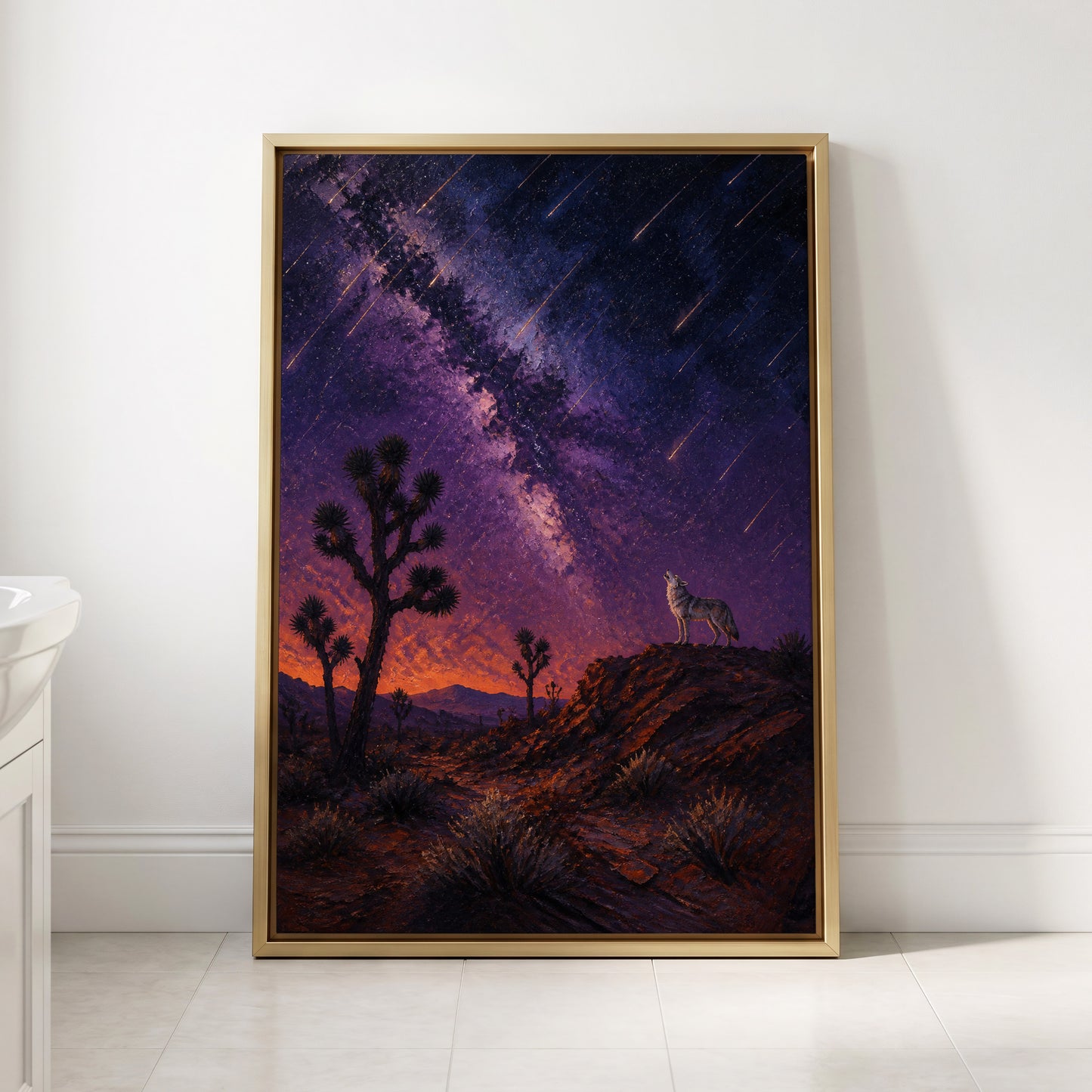 Howl Beneath Falling Stars, purple, blue, orange nature wall art displayed in a styled interior, gallery view 3