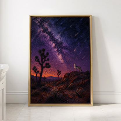 Howl Beneath Falling Stars, purple, blue, orange nature wall art displayed in a styled interior, gallery view 3