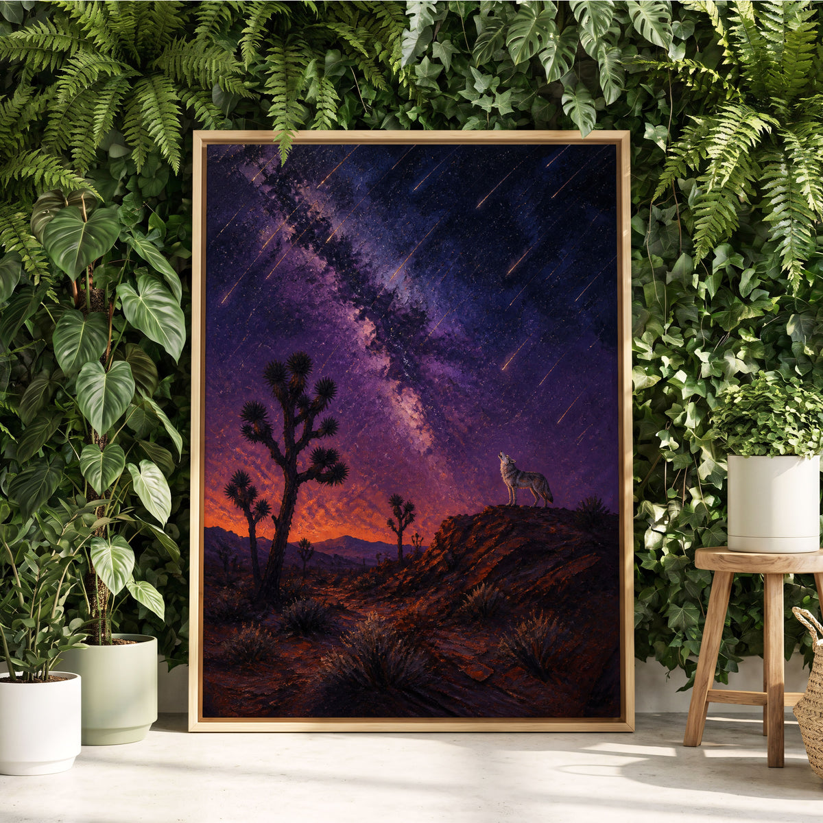 Howl Beneath Falling Stars, purple, blue, orange nature wall art displayed in a styled interior, gallery view 3