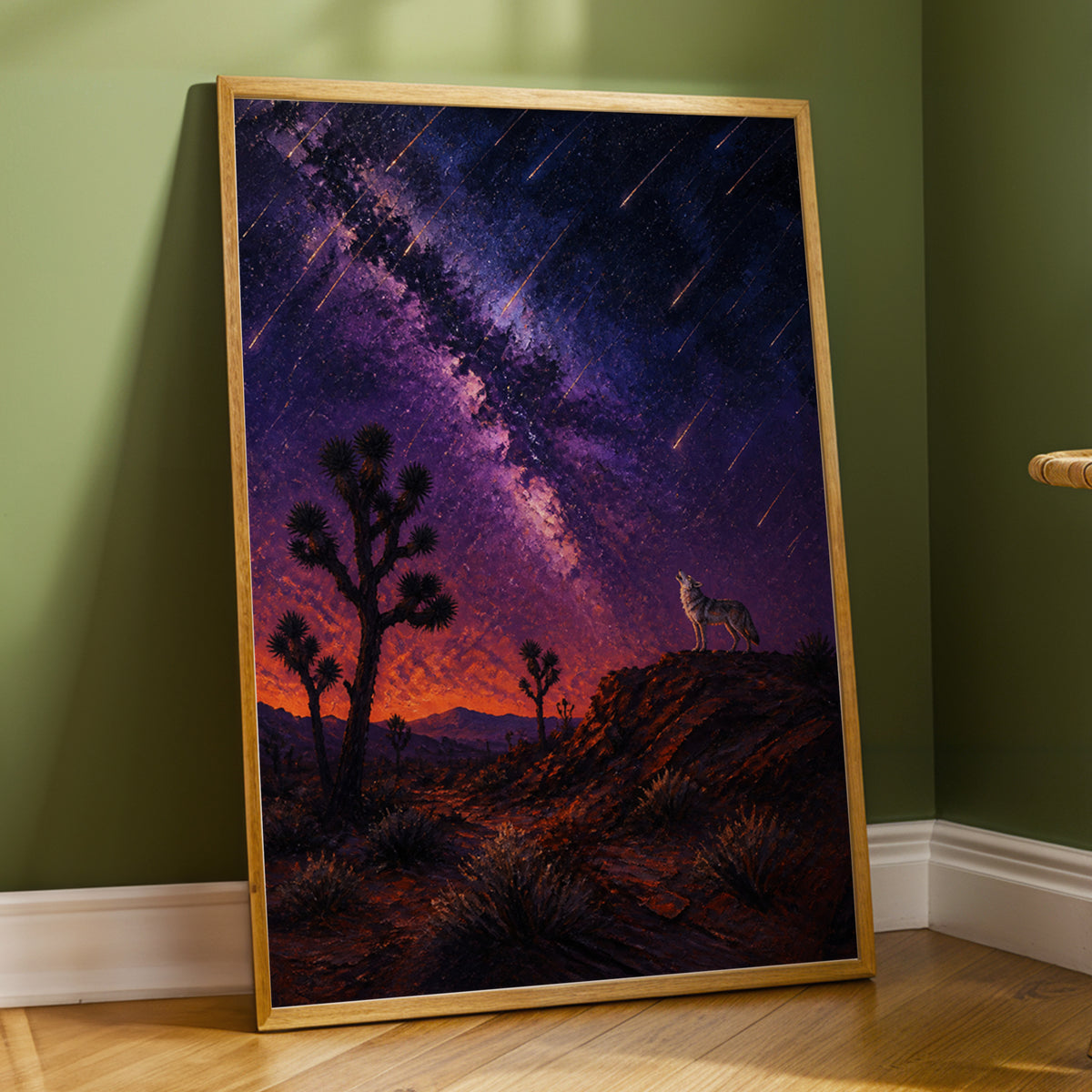 Howl Beneath Falling Stars, purple, blue, orange nature wall art displayed in a styled interior, gallery view 4