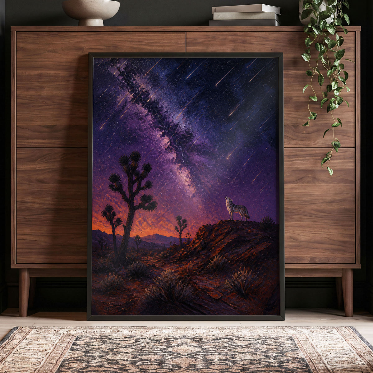 Howl Beneath Falling Stars, purple, blue, orange nature wall art displayed in a styled interior, gallery view 5