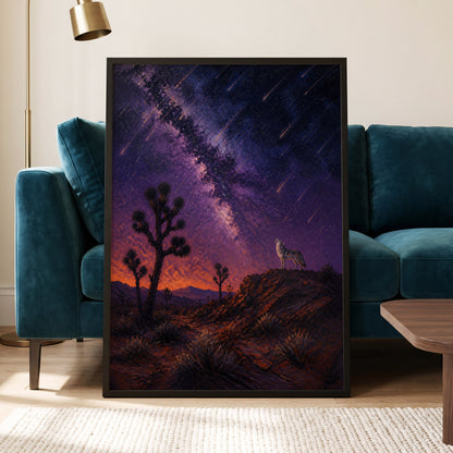 Howl Beneath Falling Stars, purple, blue, orange nature wall art displayed in a styled interior, gallery view 5